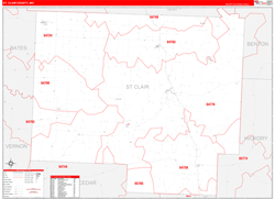 St. Clair County, MO Wall Map Zip Code Red Line Style 2024